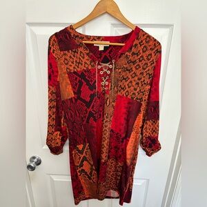 Michael Kors Bold Vibrant Red & Orange Animal Print Gold Chain Lace-Up Dress, M